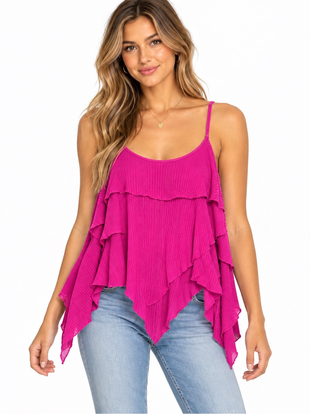 Free People M Vibrant Pink Ruffle Flowy Handkerchief Tank Top Boho